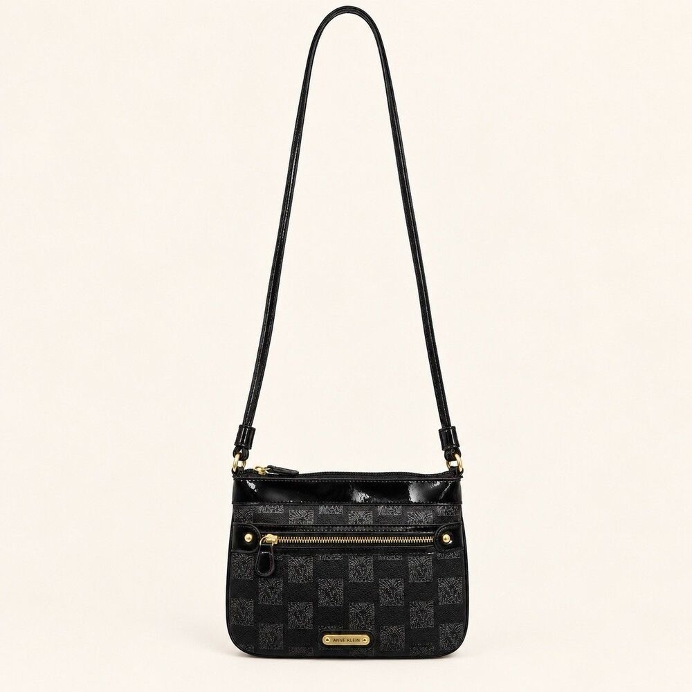 Anne Klein Black Signature Checkered Crossbody Purse Patent Trim Gold Zip Pocket
